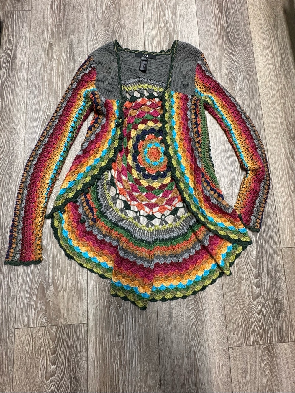 Forever 21 Multicolor Crochet-Back Knit Cardigan with Charcoal Yoke - Picture 3 of 8
